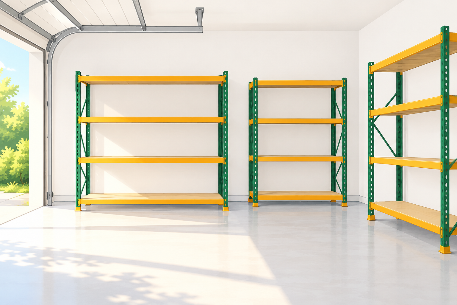 A garage with empty shelves