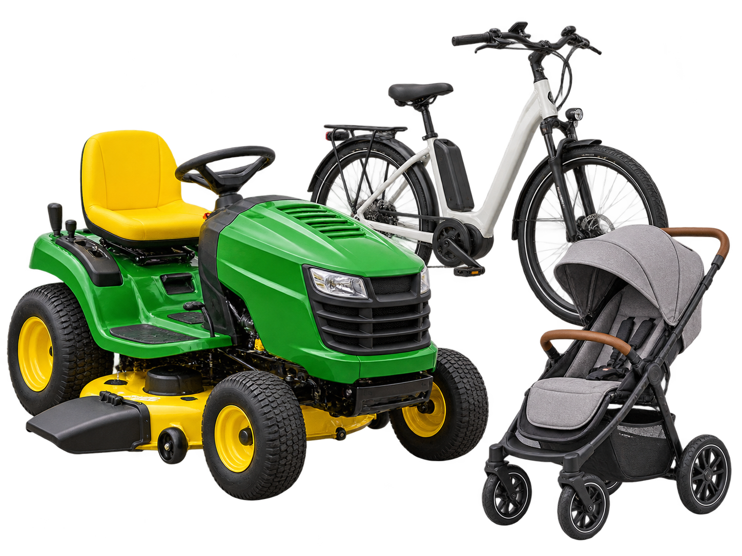 A ride-on mower, electric bicycle and baby stroller available for rental projects